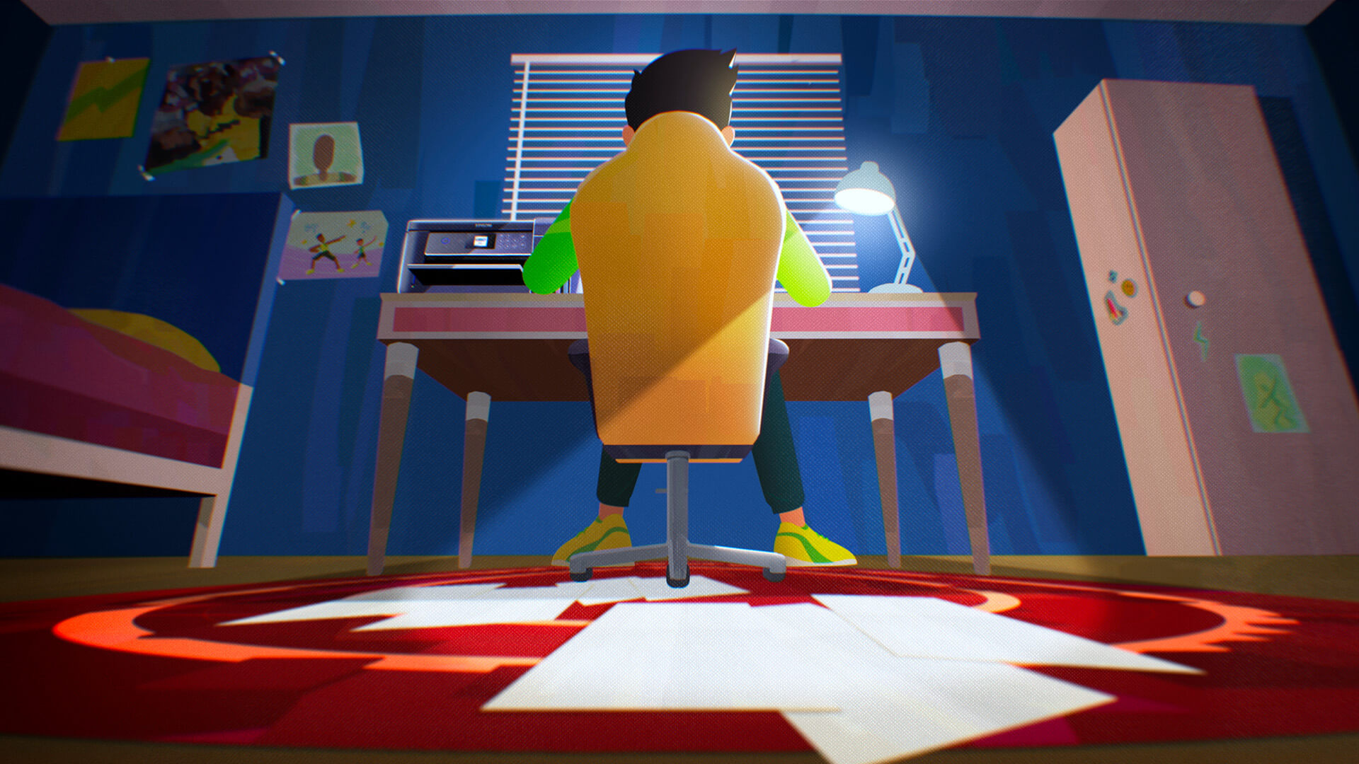 Animation of a boy working in his room