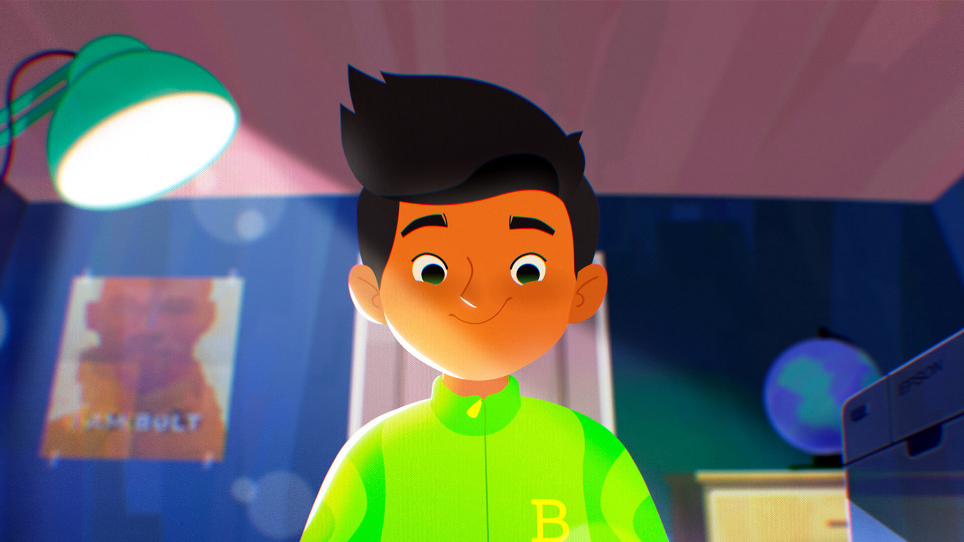 Animation of the boy working at his desk